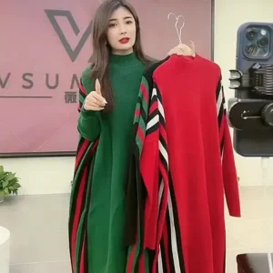 Maglieria casual a strisce Abiti midi larghi Elegante mezzo dolcevita Abito lavorato a maglia Maglione Autunno Inverno Abiti da donna coreani 1