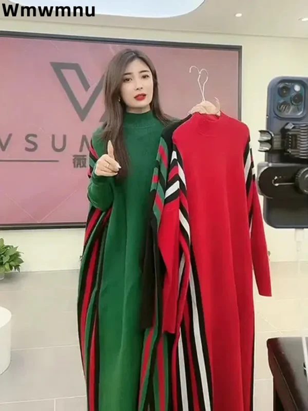Maglieria casual a strisce Abiti midi larghi Elegante mezzo dolcevita Abito lavorato a maglia Maglione Autunno Inverno Abiti da donna coreani 1