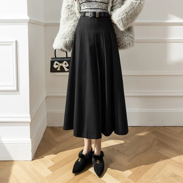 Gonna lunga a pieghe in lana invernale Moda coreana a vita alta A-line Office Maxi gonne Cintura femminile Marrone Nero Grigio Falda Plisada 5