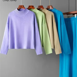 SINGREINY Moda Autunno Maglione Due Pezzi Abiti da Donna Allentato Caldo Pullover + Gonna Lunga Divisa 2024 Inverno Casual Set Lavorato a Maglia 1