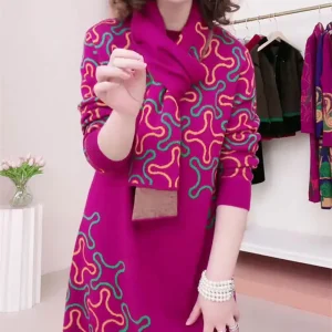 Abito longuette stampato allentato casual Abbigliamento femminile Girocollo Autunno Inverno Sciarpa elegante A-Line Vita Pendolarismo Abiti a maniche lunghe 1