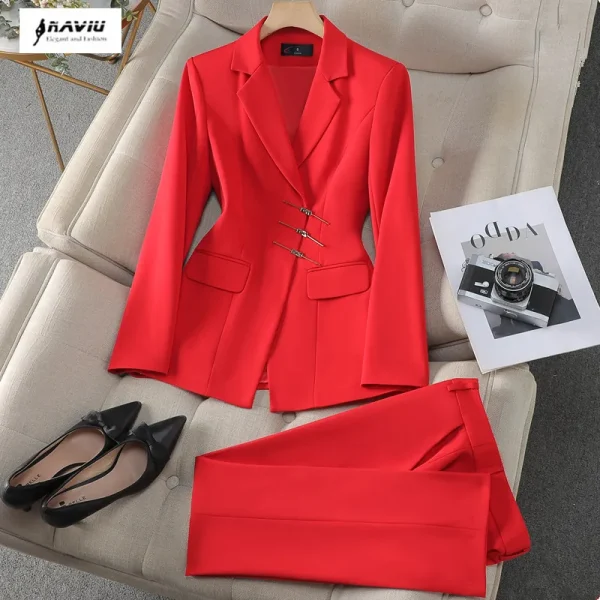 NAVIU Donne eleganti Disegni uniformi formali rossi Tailleur pantalone con giacche e pantaloni Abiti da lavoro da donna Set blazer da donna in stile OL 4