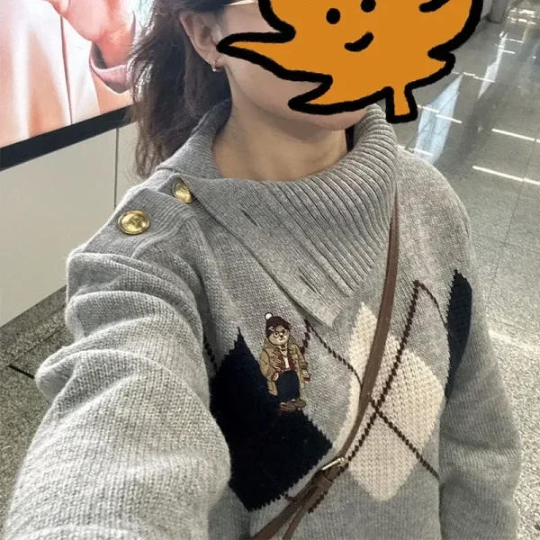 Modello stile college collo alto maglione lavorato a maglia allentato irregolare pullover da donna ricamato moda sottile autunno inverno nuovo top 2