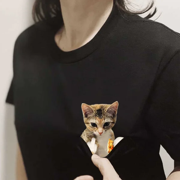 CLOOCL Gatti Divertenti T-shirt Simpatico Gattino Dito Medio Pizza Tasca T-shirt in cotone da uomo per donna Camicie a maniche corte Hip Pop Top 2