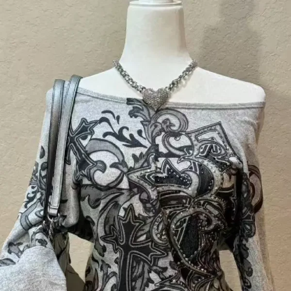 Onalippa American Retro Cross Print T-shirt a maniche lunghe con una spalla Donna Autunno Slim Fit Dimagrante Top con diamanti pressati a caldo 5