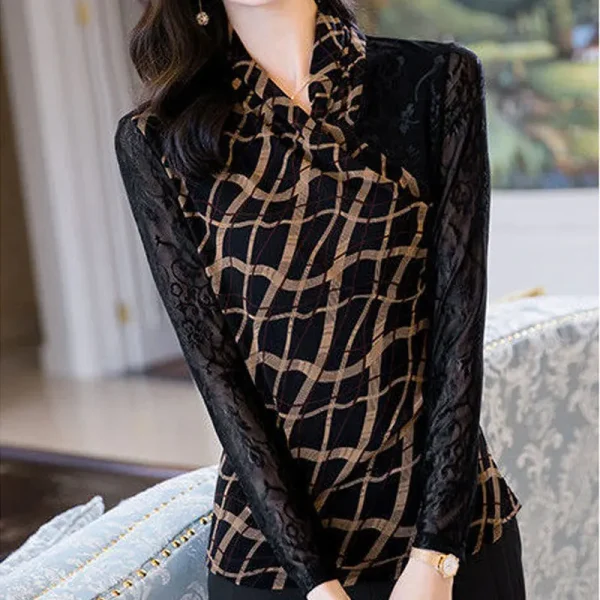 T-shirt stampata scozzese astratta Vintage elegante scollo a v elegante Patchwork di pizzo di garza primavera autunno abbigliamento donna pullover Slim 2
