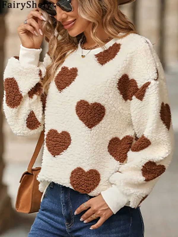 Fairyshely 2025 Inverno Love Print Felpe con cappuccio larghe da donna Felpa con stampa a maniche lunghe Allentato Casual Autunno Lady Felpa con cappuccio in peluche Top 4