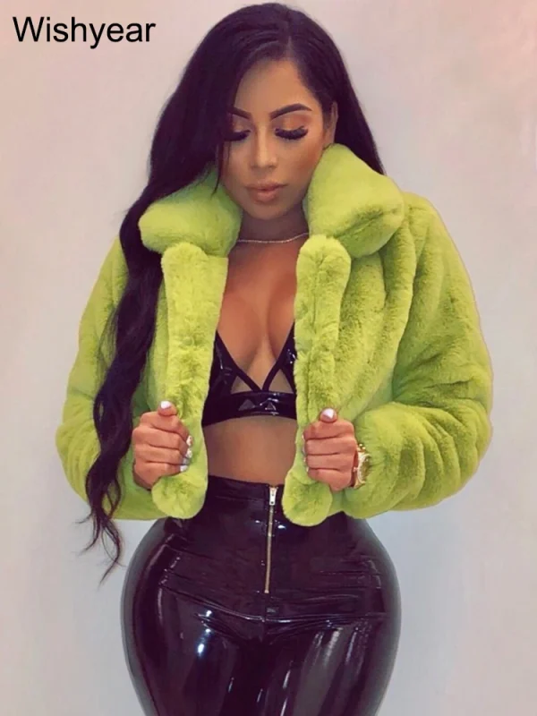 Moda pelliccia sintetica punto aperto risvolto giacche Crop abbigliamento donna autunno inverno solido manica lunga caldo peloso soffice cappotto esterno usura 4