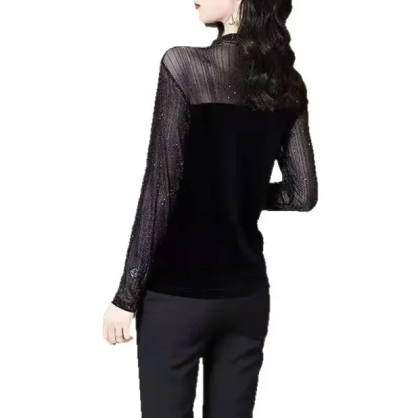 Top a maniche lunghe slim autunno inverno in pizzo Nuovo temperamento a rete T-shirt base a collo alto alla moda 5