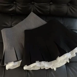 Mooyufon Ruffles Minigonna nera Donna Patchwork coreano Gonne a pieghe Kawaii giapponese a vita alta All Match A Line Gonna Nuovo 1