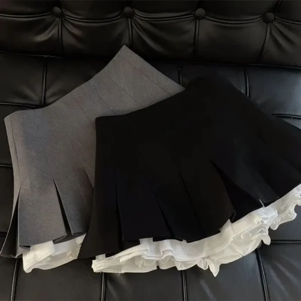 Mooyufon Ruffles Minigonna nera Donna Patchwork coreano Gonne a pieghe Kawaii giapponese a vita alta All Match A Line Gonna Nuovo 1