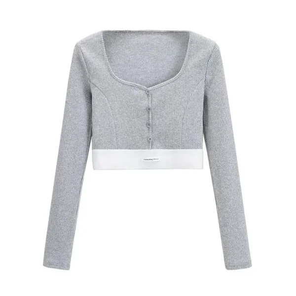 T-shirt a maniche lunghe Crop Top Donna Y2k Vestiti Autunno Inverno Moda coreana Tinta unita Bottoni T-shirt lavorate a maglia per le donne 2024 6