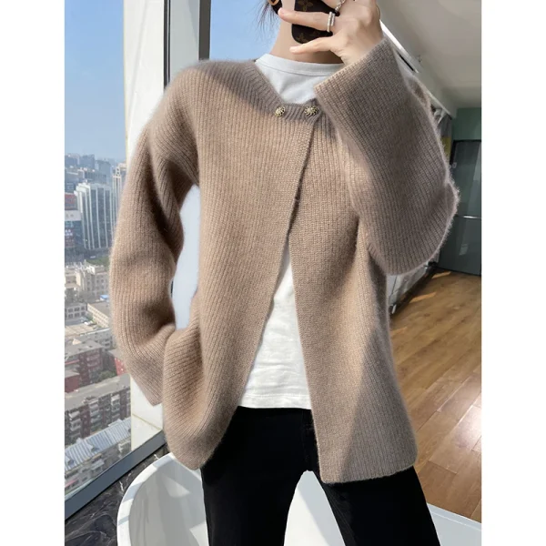 100% lana donna maglione invernale Cardigan donna collo tondo manica lunga giacca e maglione Cardigan lavorato a maglia donna 5