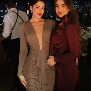 Nibber Abito lungo con volant Donna Profondo scollo a V Manica intera Sexy Ruffles Nastro Mezzanotte Prom Party Hipster Skinny Abiti eleganti 1