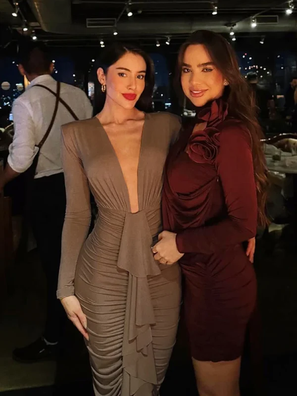 Nibber Abito lungo con volant Donna Profondo scollo a V Manica intera Sexy Ruffles Nastro Mezzanotte Prom Party Hipster Skinny Abiti eleganti 1