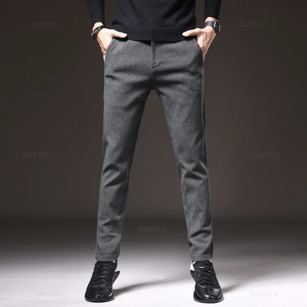 Pantaloni casual da uomo autunnali Business Fashion Elastico in vita Slim Fit Stretch Pantaloni in cotone nero grigio spesso da uomo 2