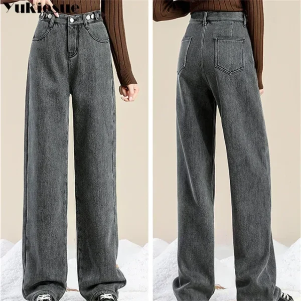 Pantaloni da donna 2023 moda invernale edizione coreana nuovo stile versatile vita alta cilindro dritto jeans a gamba larga in pile spesso 4
