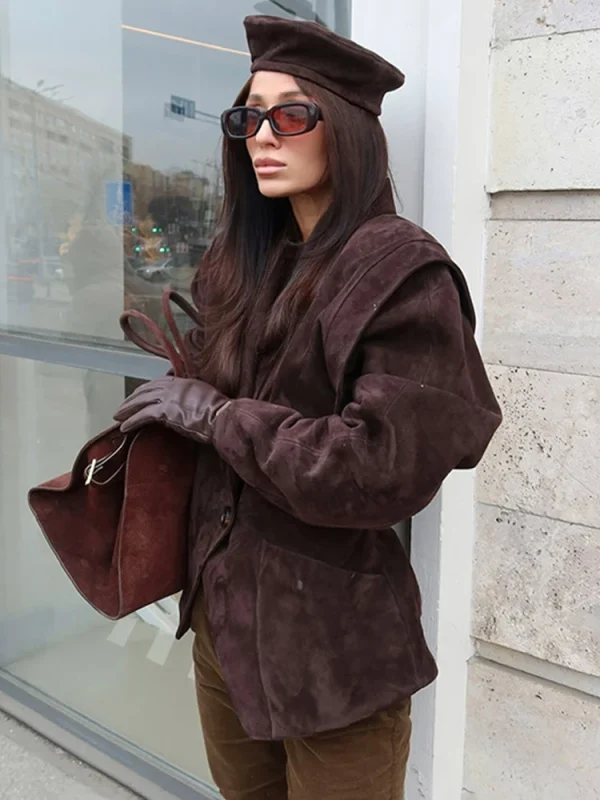 Talenza Giacca vintage in pelle scamosciata marrone Moda donna Solido scollo a V Manica lunga Tasca con risvolto Cappotto con bottone singolo Capispalla da strada alla moda 3