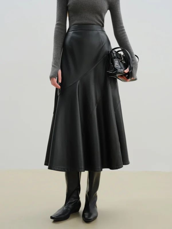 ZIQIAO Petite Gonna da donna in pelle PU con taglio diagonale nero con orlo a ombrello 2025 Minigonna a trapezio sensibile al design autunno/inverno 4