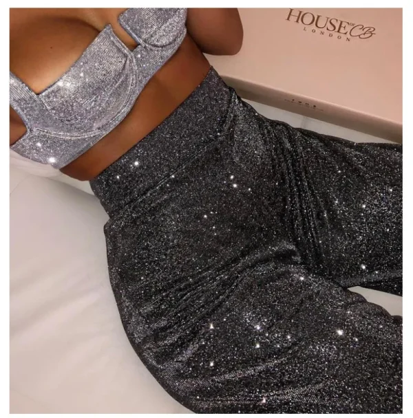 Pantaloni Sexy Glitter a vita alta autunno inverno Outfit donna argento scintillante Flare pantaloni con paillettes Party Night Clubwear 2024 2