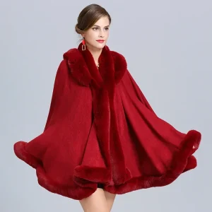 6 colori Scialle invernale Caldo e spesso Cappotto avvolgente con cappello Donna Pelliccia di coniglio sintetica Poncho allentato Mantello Cardigan a pendolo grande 1