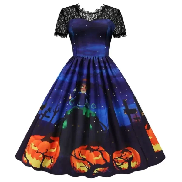 Abito da Halloween Costume da donna in pizzo a maniche corte a vita alta Abiti casual da ballo per feste da sera vintage 4