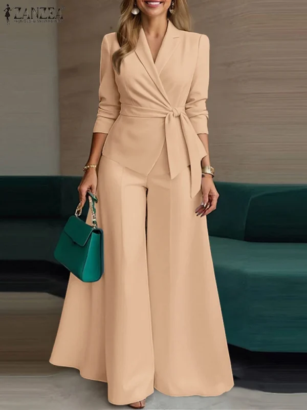 ZANZEA Elegante 2 Pezzi Set di Pantaloni a Maniche Lunghe con Cintura Giacca Leggera e Pantaloni a Gamba Larga 2 Pezzi Abiti da Ufficio Set da Pendolarismo da Donna 3