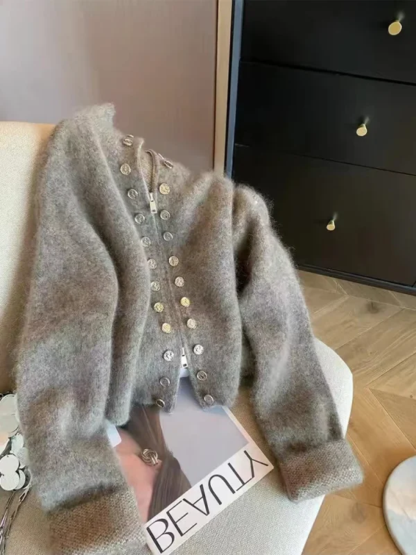 Maglione cardigan grigio da donna Harajuku coreano Y2k maniche lunghe O-Collo maglioni di cashmere maglione vintage anni 2000 vestiti autunno 2024 2