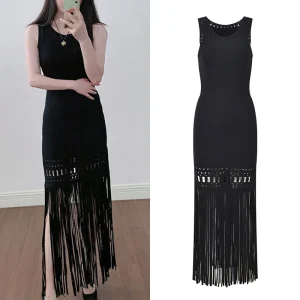 Abito lavorato a maglia con nappe nere Abito da sera lungo sottile e semplice senza maniche lavorato a maglia per le donne Abito lungo nero da festa elegante 1