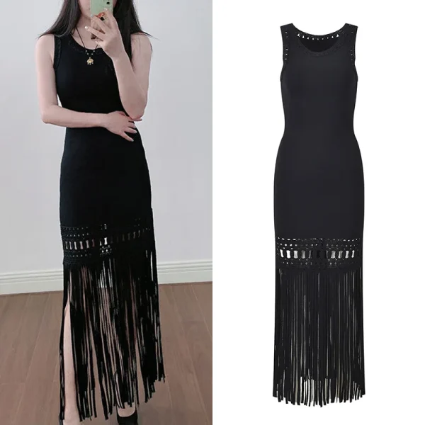 Abito lavorato a maglia con nappe nere Abito da sera lungo sottile e semplice senza maniche lavorato a maglia per le donne Abito lungo nero da festa elegante 1