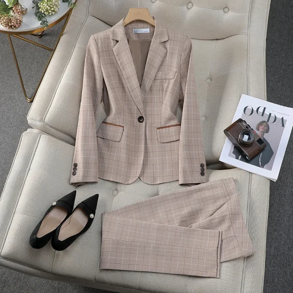 NAVIU Khaki Blu Plaid Abiti Donna Primavera 2025 Nuovo Prfessional High End Casual Blazer e Pantaloni Set Office Lady Abbigliamento da lavoro 3