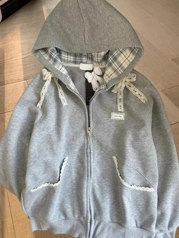 Zoki Felpe con cappuccio patchwork in pizzo da donna Felpa a maniche lunghe con fiocco carino Stile preppy giapponese Dolce manica lunga allentata Capispalla femminile grigio 2