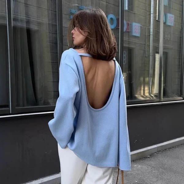 Maglione lavorato a maglia di cotone con scollo a O senza schienale originale Autunno e inverno da donna Maglione casual da ufficio quotidiano semplice, morbido, caldo, elastico 4