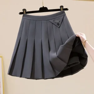 Moda coreana autunno nuove donne solido cerniera pieghettata semplicità stile Preppy Chic vita alta corta sottile gonna a pieghe a trapezio 1