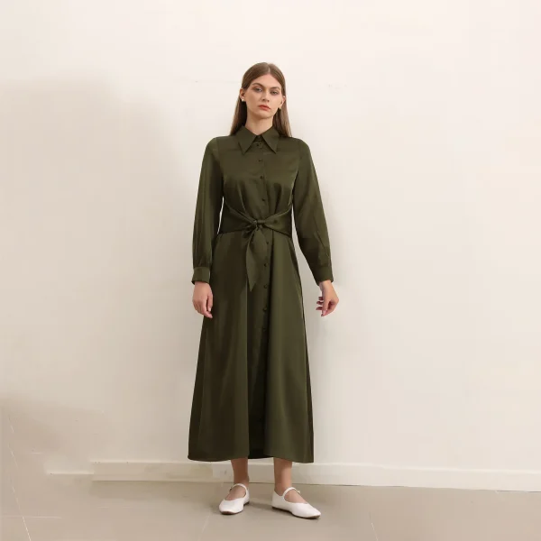Abito lungo con colletto AP 25 AW da donna Nuovo abito in raso nero e oliva Cintura in vita Abiti eleganti 3
