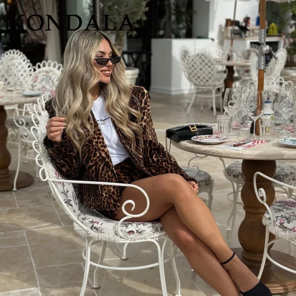 KONDALA 2025 Autunno Inverno Office Lady Stampa Abiti leopardati Moda Vintage Bottone singolo Blazer corti Chic Minigonne da donna 4