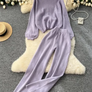 SINGREINY 2025 Inverno Spessore Abiti da donna Maglione allentato Top + Vita alta Gambe larghe Pantaloni lunghi Autunno Solido Causale Caldo Set da 2 pezzi 1