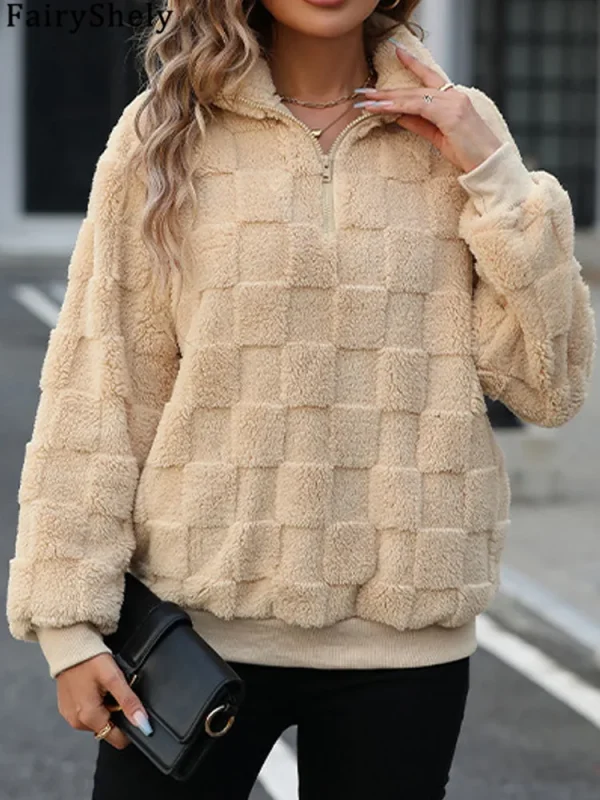 Fairyshely 2025 Autunno Collo alto Donna Felpe con cappuccio Inverno Manica lunga Cerniera Felpa calda Casual Lady Allentato Peluche Pullover Top 4