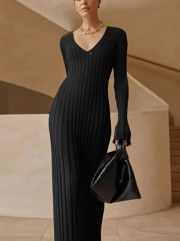 Elegante abito bianco lavorato a maglia con scollo a V Abito casual a maniche lunghe con lacci in maglia Abiti curvy Maglieria nera allentata Nuova moda autunno inverno 2