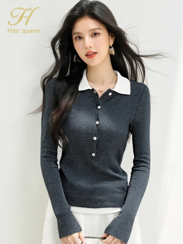 H Han Queen 2025 Abiti autunnali di base Pullover Maglione da donna semplice Elasticità elegante Top da donna casual coreano a maniche lunghe 5