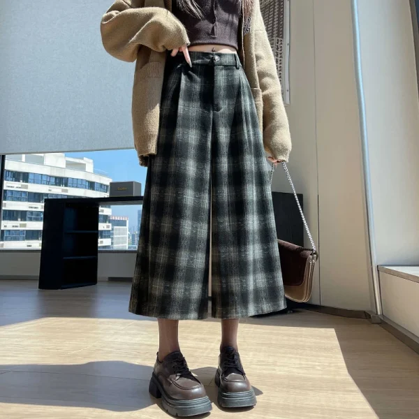 Capris scozzesi di alta qualità Donna Autunno Inverno Pantaloni larghi dritti vintage Donna Chic Pantaloni streetwear di lana spessa Donna 2025 2