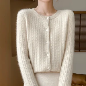 Autunno Inverno O-Collo Donna 100% maglione di lana merino Nuovo cardigan lavorato a maglia a trecce casual Top donna maglione di cashmere 1