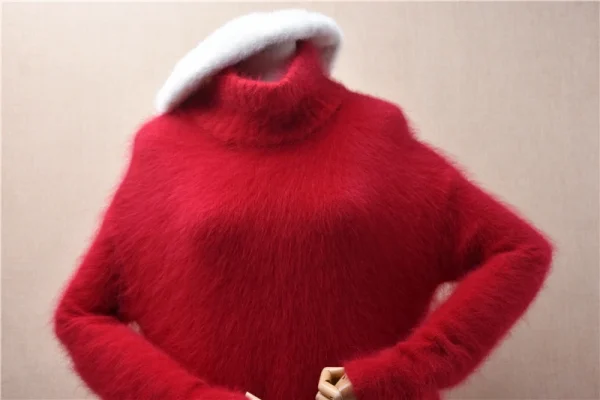 Pull Femmes Donna Rosso Autunno Inverno Vestiti Visone peloso Cashmere Dolcevita lavorato a maglia Maniche lunghe Abito maglione maglione medio lungo 2