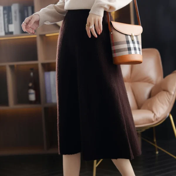 2025 Autunno Nuovo a vita alta 100% pura lana gonna lunga a pieghe gonna base in maglia da donna pacchetto moda anca A-Line gonna grande in cashmere 4