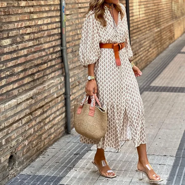 2025 Donna Autunno Inverno Elegante Casual Scollo a V Pullover Cintura Stampata Maniche a palloncino Slim Fit Abito di media lunghezza con cintura 4