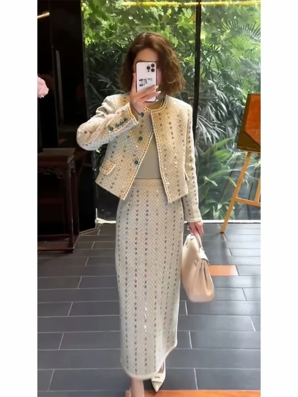 O-Collo Piccolo Profumato Manica Lunga Abbigliamento Donna 2025 Autunno Coreano Chic Abito Elegante Casual Semplice Nicchia Femminile Due Pezzi Set 5
