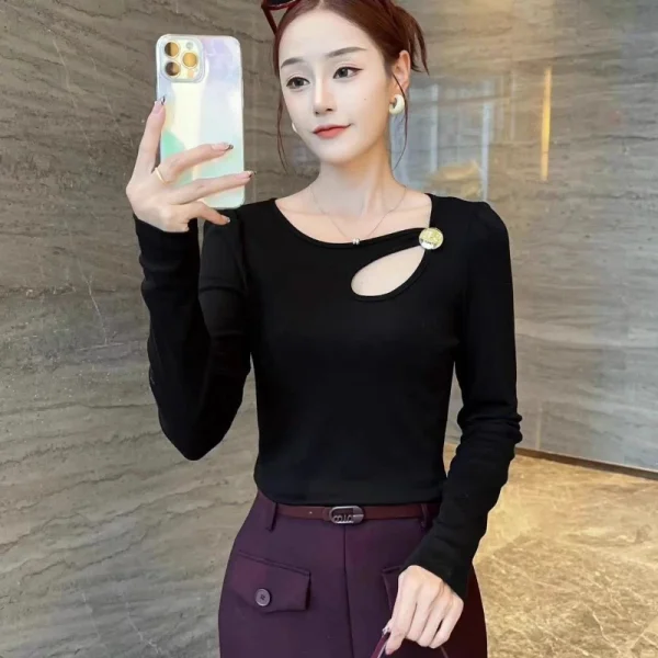 Camicia sexy scava fuori semplicità con fondo sottile Primavera Autunno Manica lunga Solido T-shirt elegante Moda Vintage Abbigliamento donna 3