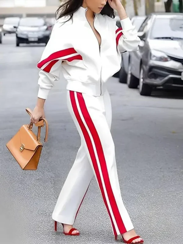 Missuoo 2024 Autunno Nuovi set di pantaloni a righe laterali per le donne Colletto alla coreana Giacche a maniche lunghe e pantaloni dritti casual a vita alta 1