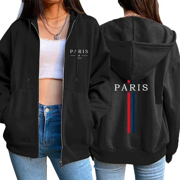 Cappotto da giacca da donna con stampa di lettere di Parigi Vendite calde Moda Top con cerniera allentata Felpa sportiva con cappuccio Abbigliamento donna casual Stile europeo 2