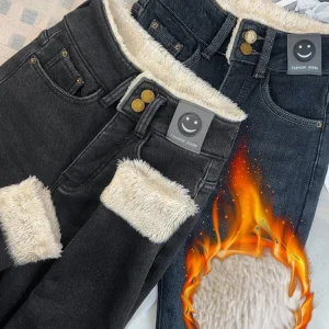 Jeans a matita slim in lana d'agnello calda Vaqueros skinny in peluche da donna Pantaloni in denim in pile addensato a vita alta vintage Legging in velluto casual 1